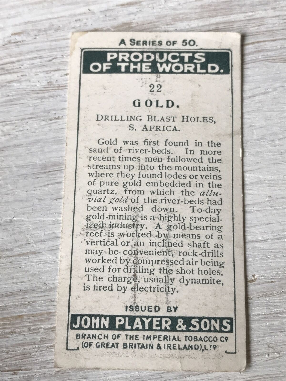 Vintage Players Cigarette Card - Products Of The World - No. 22 Gold - Drilling Blast Holes - South Africa