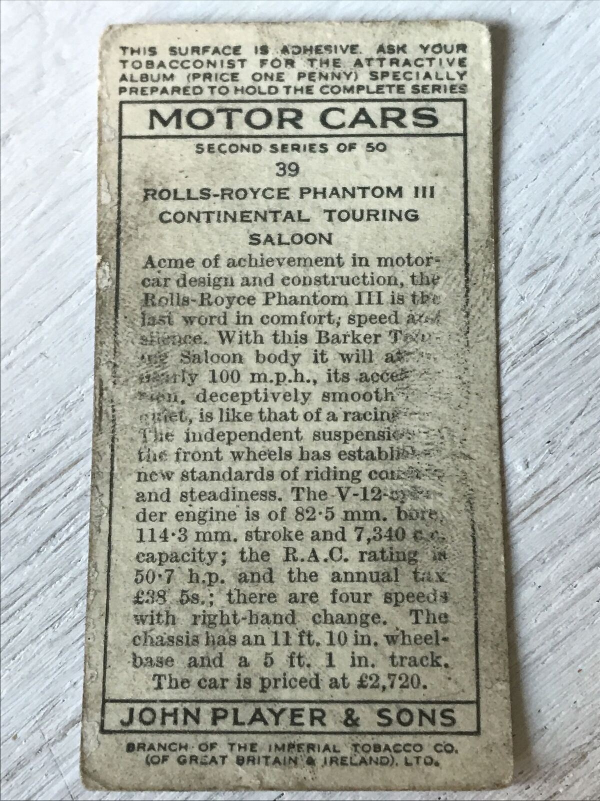 Vintage Players Cigarette Card - Motor Cars - Series 2 No. 39 - Rolls Royce Phantom III
