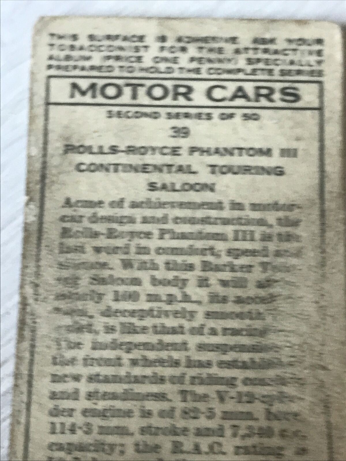 Vintage Players Cigarette Card - Motor Cars - Series 2 No. 39 - Rolls Royce Phantom III