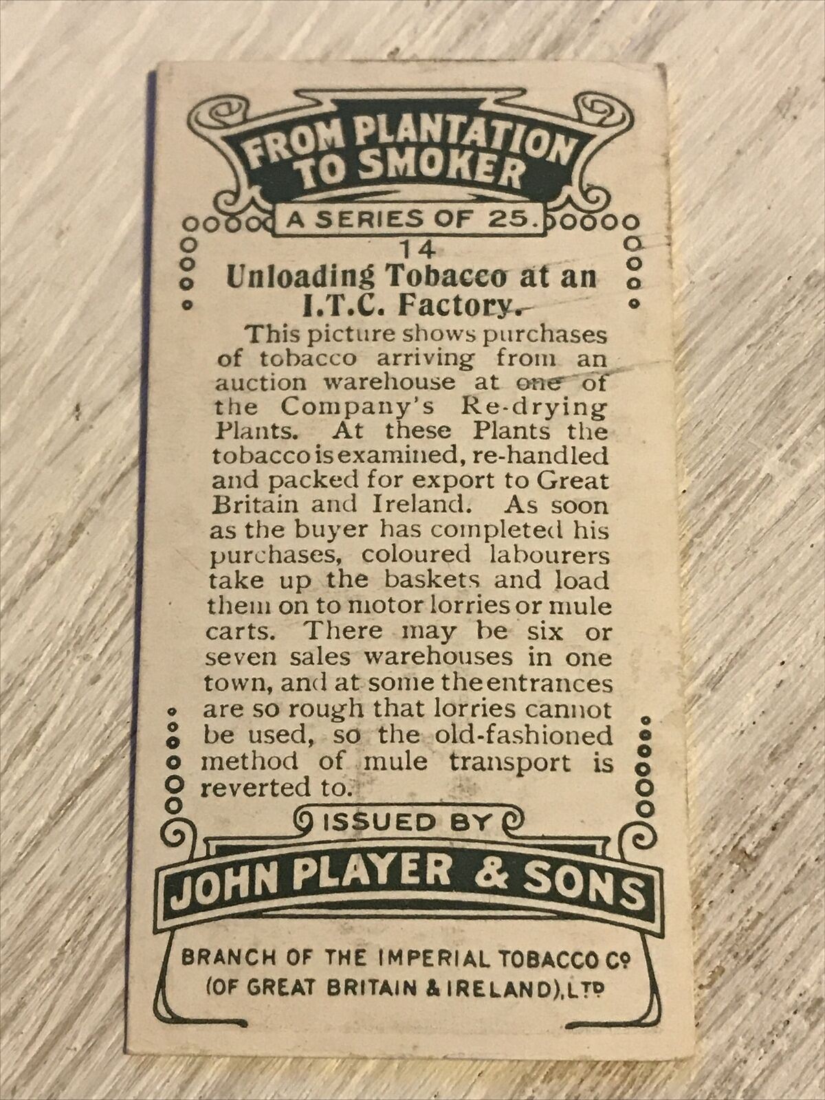 Vintage Players Cigarettes Card From Plantation To Smoker 14 Unloading Tobacco At An ITC Factory