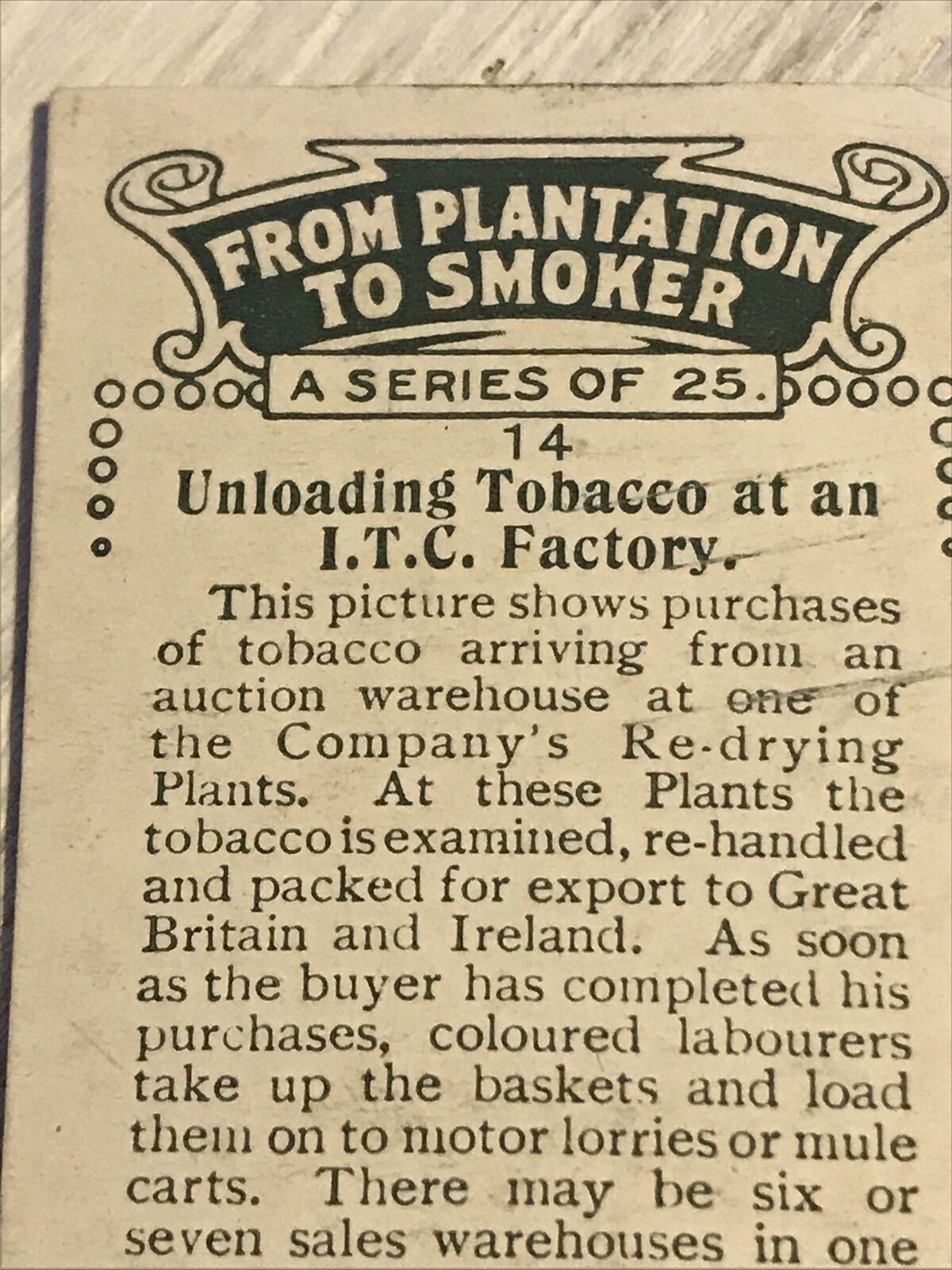 Vintage Players Cigarettes Card From Plantation To Smoker 14 Unloading Tobacco At An ITC Factory