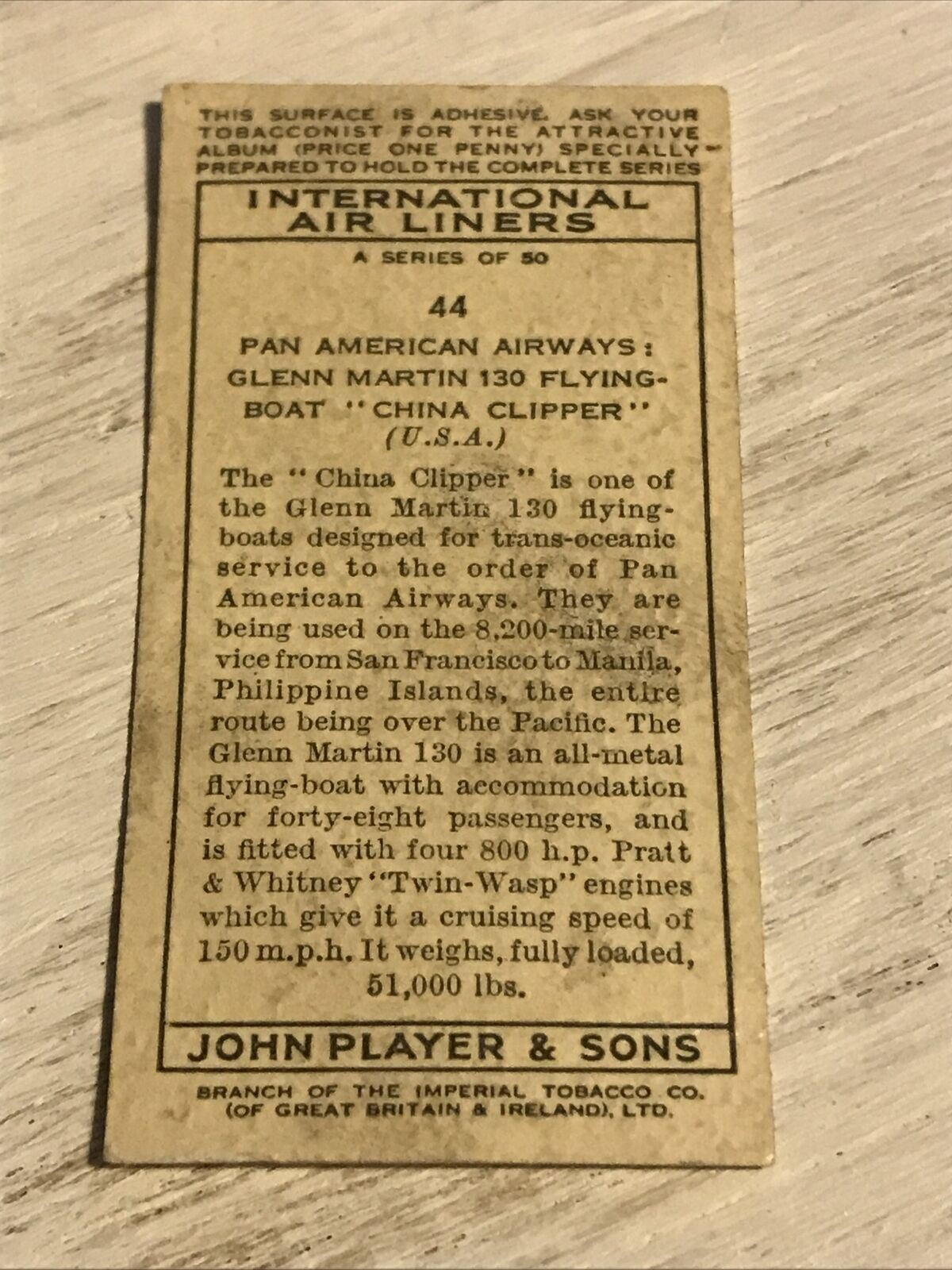 Vintage Players Cigarette Card - International Air Liners - No. 44 Pan American Airways - Glenn Martin 130 Flying Boat