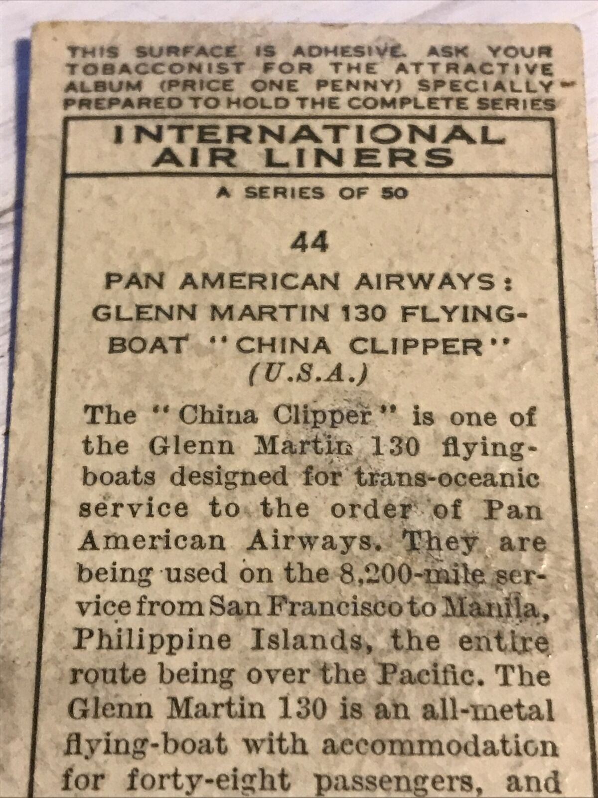 Vintage Players Cigarette Card - International Air Liners - No. 44 Pan American Airways - Glenn Martin 130 Flying Boat