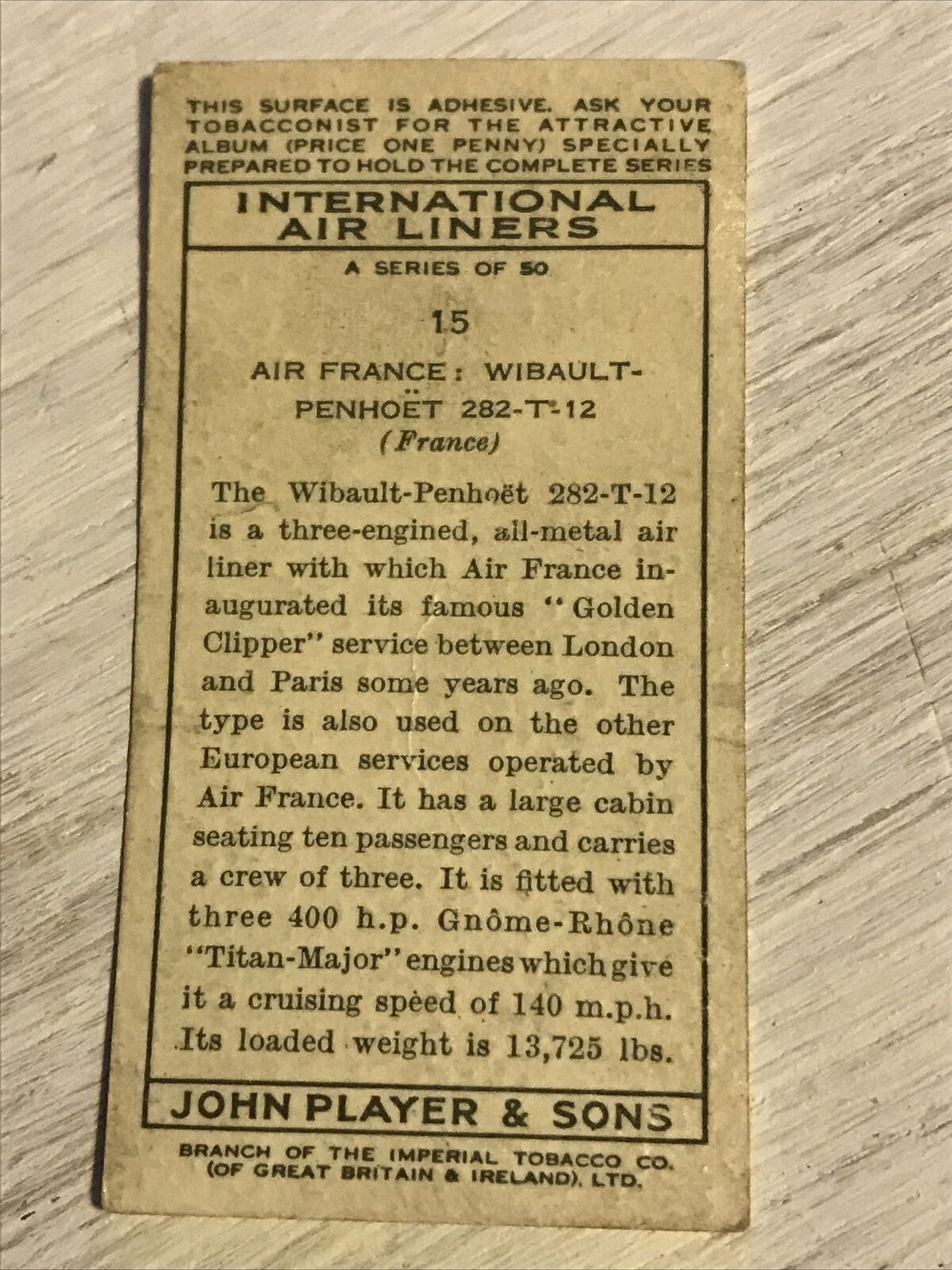 Vintage Players Cigarette Card - International Air Liners - No.15 - Air France Wibault-Penhoet