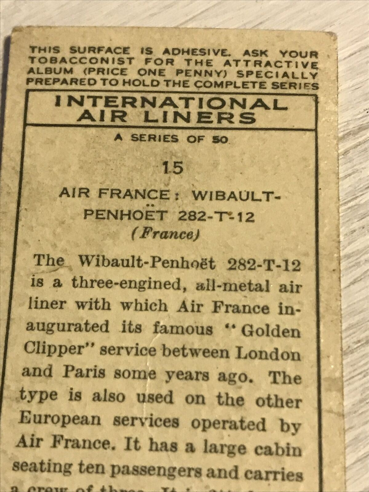 Vintage Players Cigarette Card - International Air Liners - No.15 - Air France Wibault-Penhoet