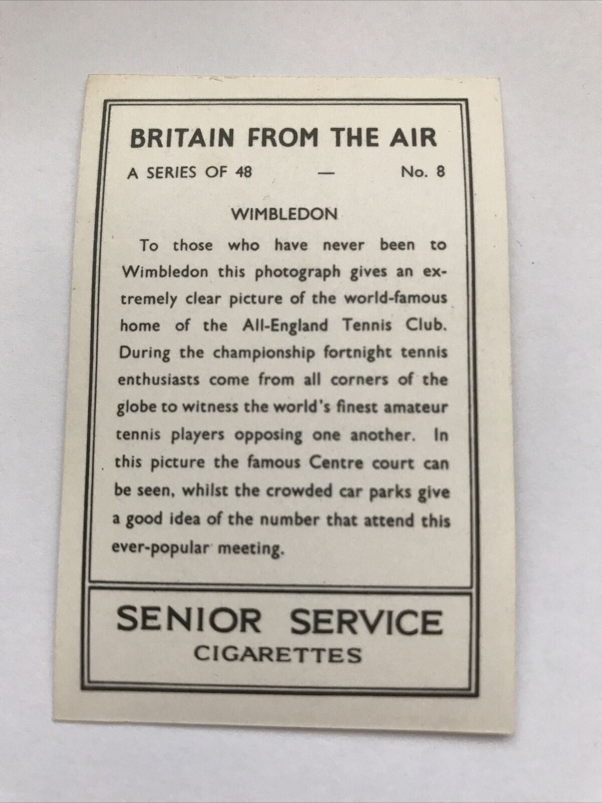 Senior Service Cigarette Card 'Britain From The Air' 1939 - No. 8 - Wimbledon - vintage aerial photo