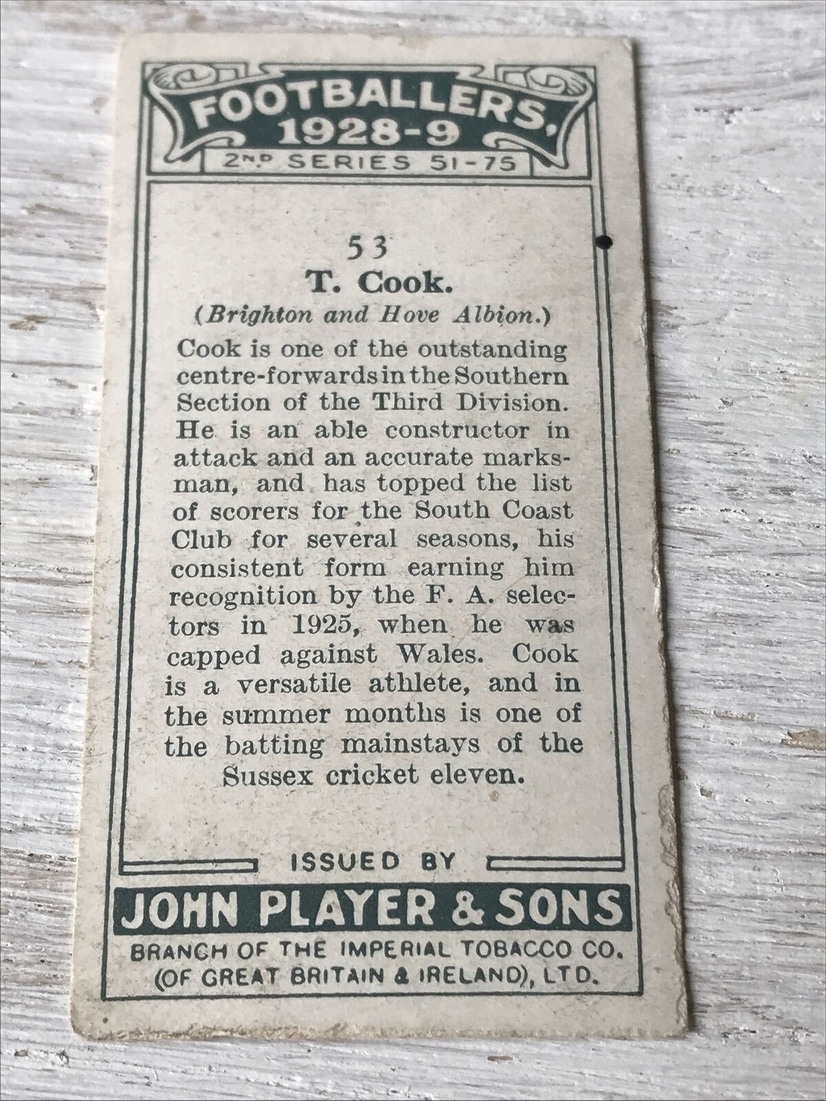 Players Cigarettes Card Footballers 1928-9 No53 T Cook Brighton Hove Albion