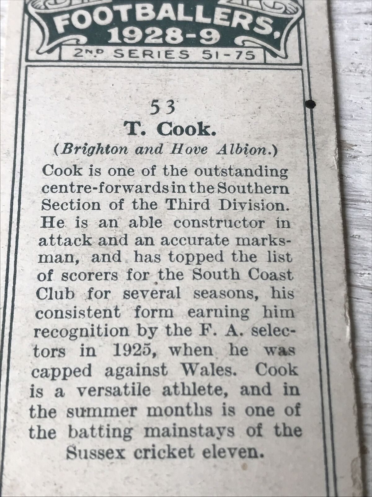 Players Cigarettes Card Footballers 1928-9 No53 T Cook Brighton Hove Albion