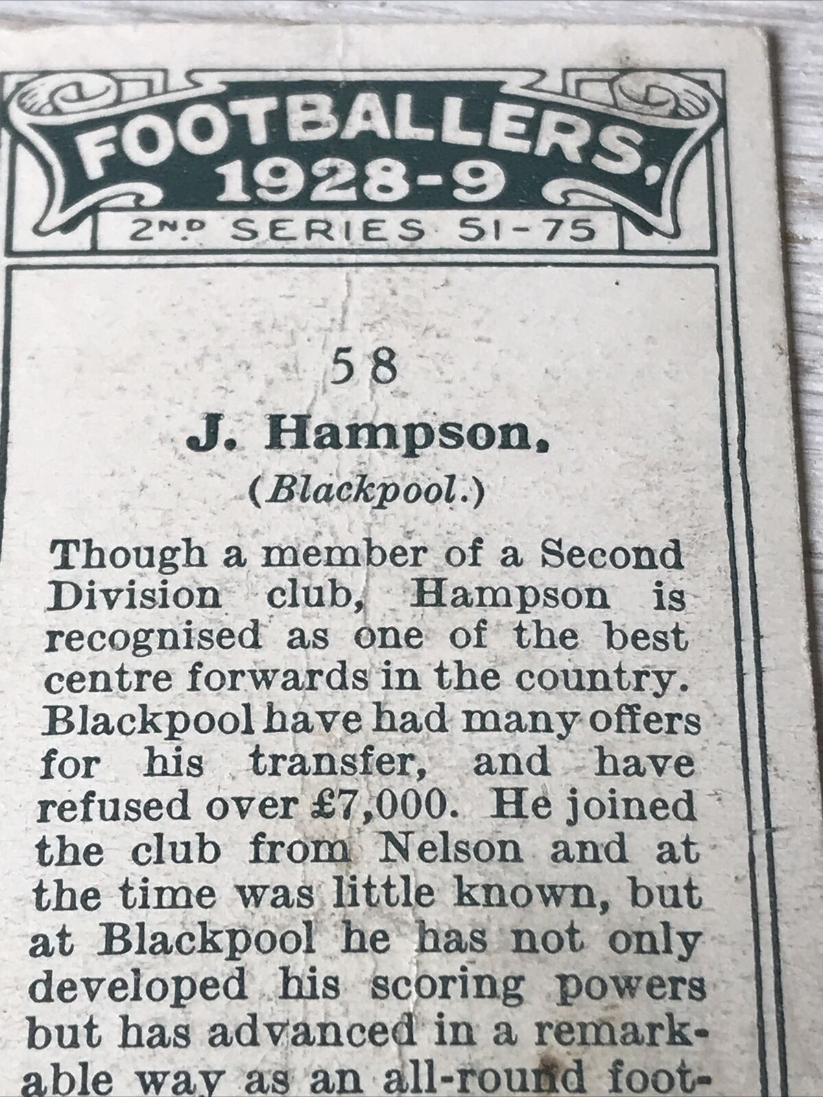 Players Cigarette Card Footballers 1928-9 - No. 58 - J Hampson - Blackpool - Vintage