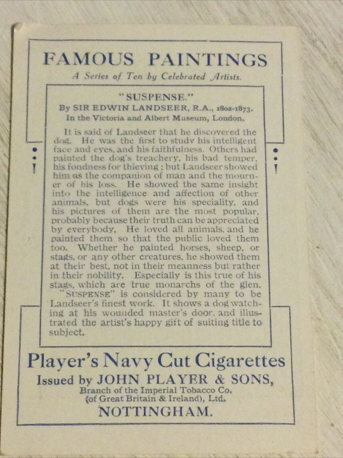 Players Cigarettes Card Large Famous Paintings Landseer ‘SUSPENSE’ DOG WAITING