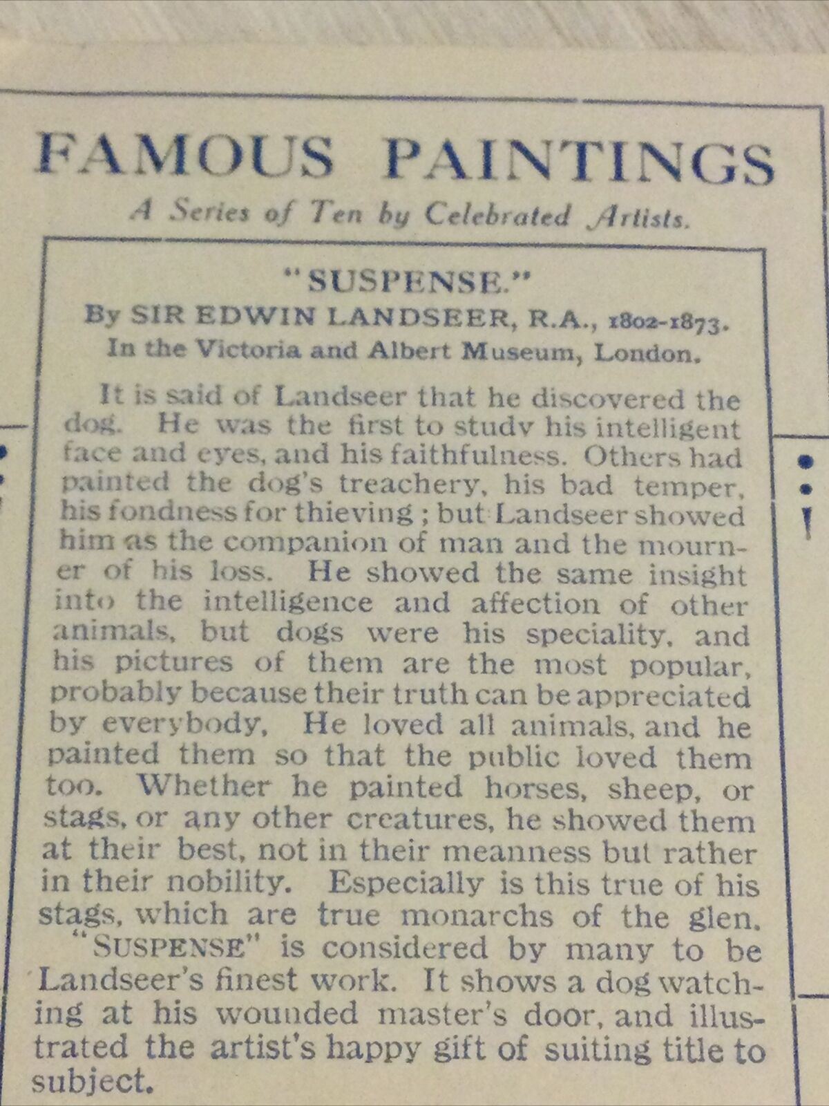 Players Cigarettes Card Large Famous Paintings Landseer ‘SUSPENSE’ DOG WAITING