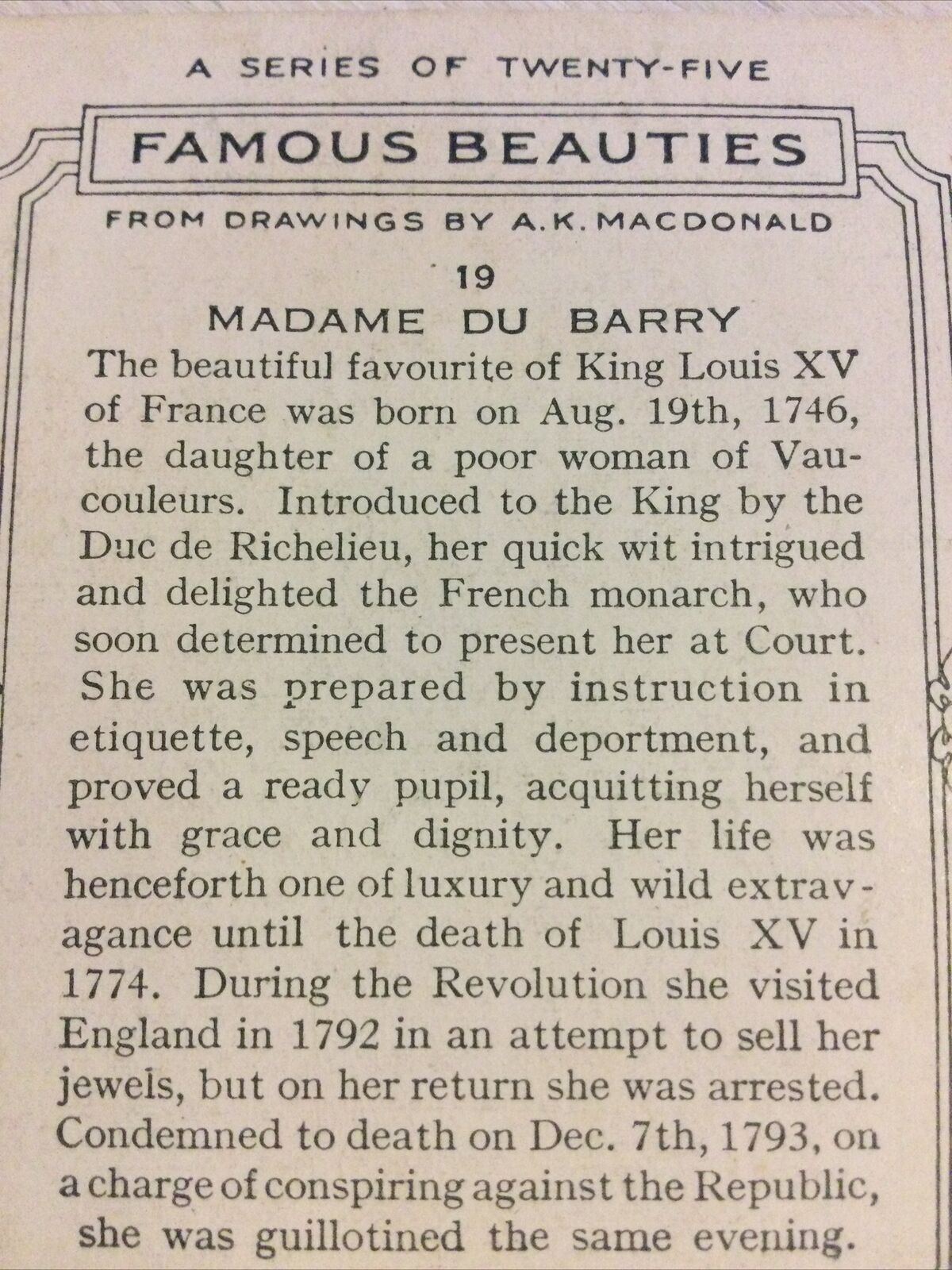 Players Cigarettes Card Large. Famous Beauties. MADAME DU BARRY No.19 Macdonald