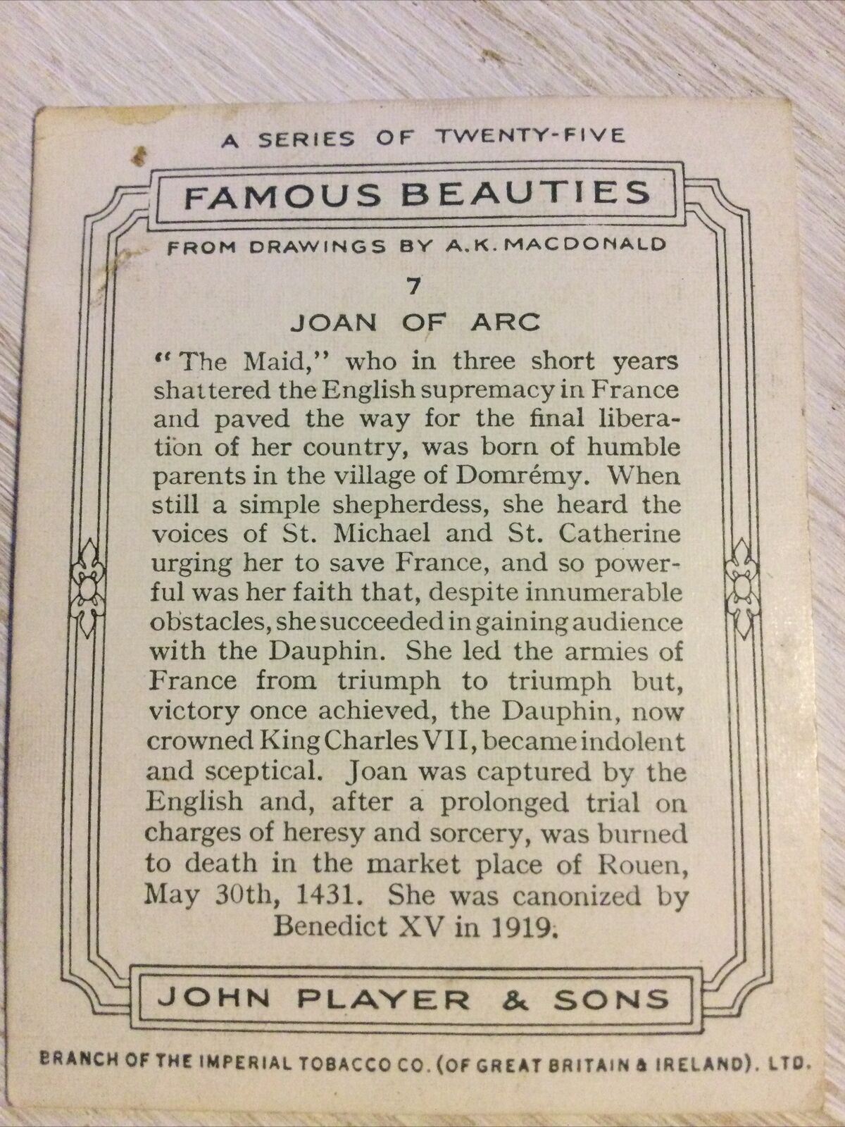 Players Cigarettes Card Large. Famous Beauties. 7 Joan Of Arc Maid Of Orleans