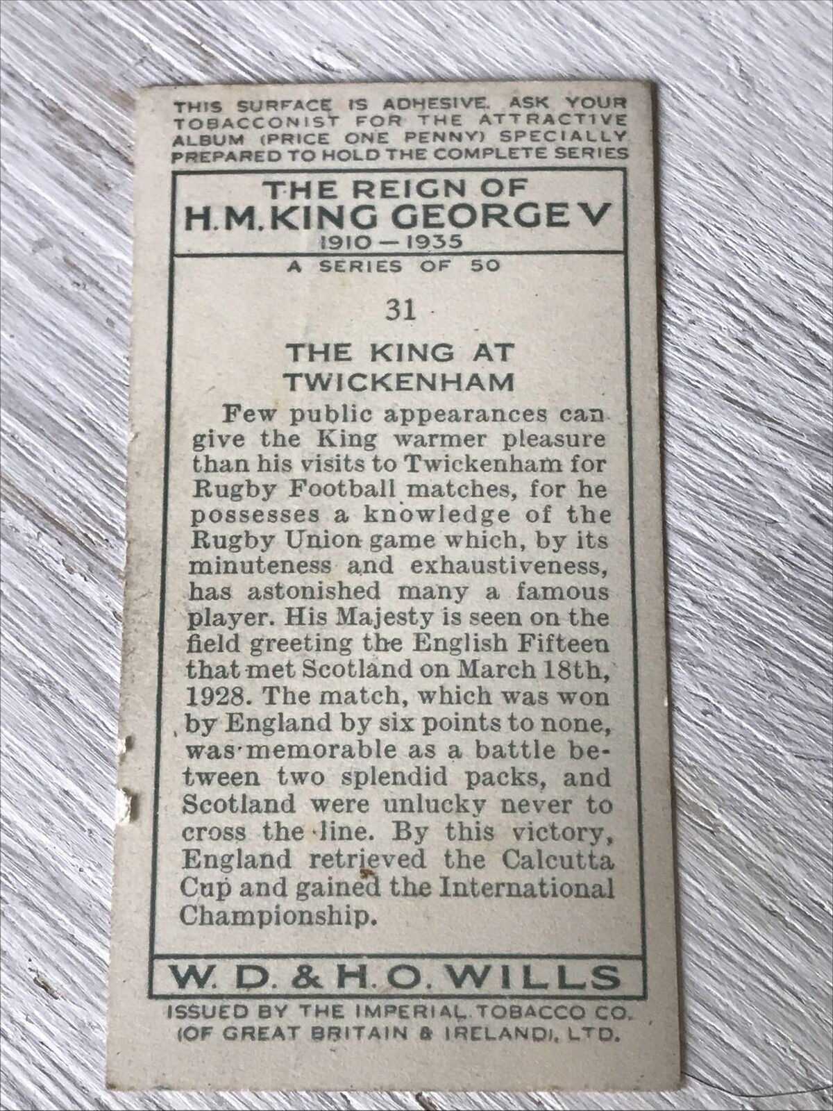 WILLS Cigarettes Card Reign Of H M King George V 31 King At Twickenham 1920s