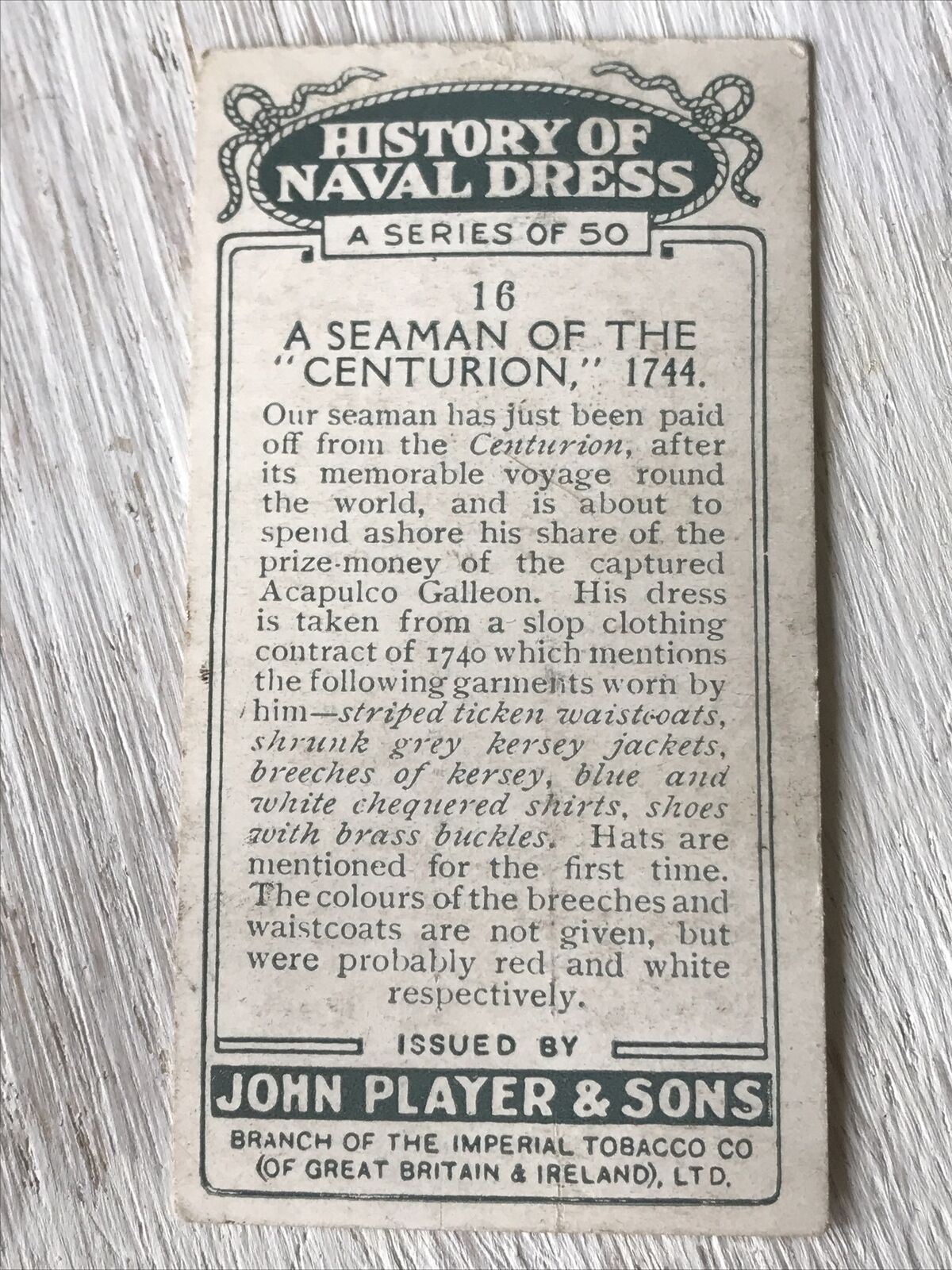 Players Cigarette Card - History Of Naval Dress - No. 16-  A Seaman Of The 'Centurion' 1744