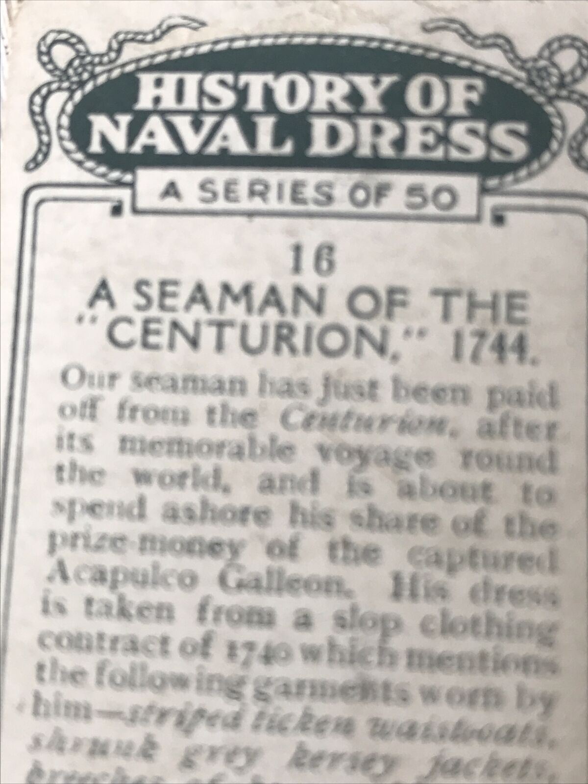 Players Cigarette Card - History Of Naval Dress - No. 16-  A Seaman Of The 'Centurion' 1744