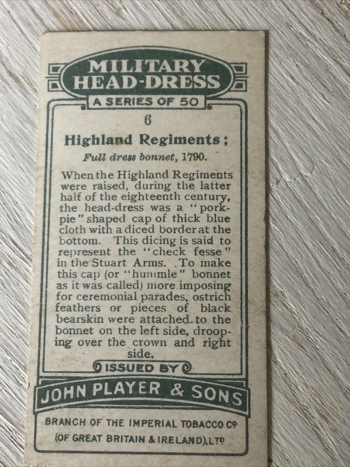PLAYER'S Cigarette Card Military Head Dress 6 Highland Regiments Full Dress