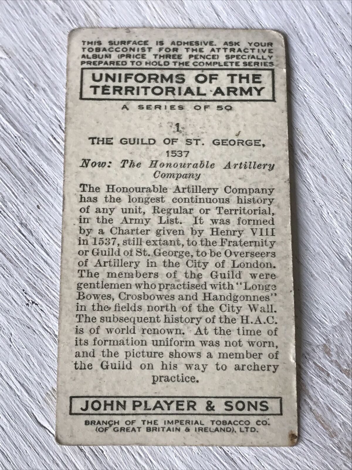 Players Cigarette Card - Uniforms Of The Territorial Army - No. 1 Guild Of St George