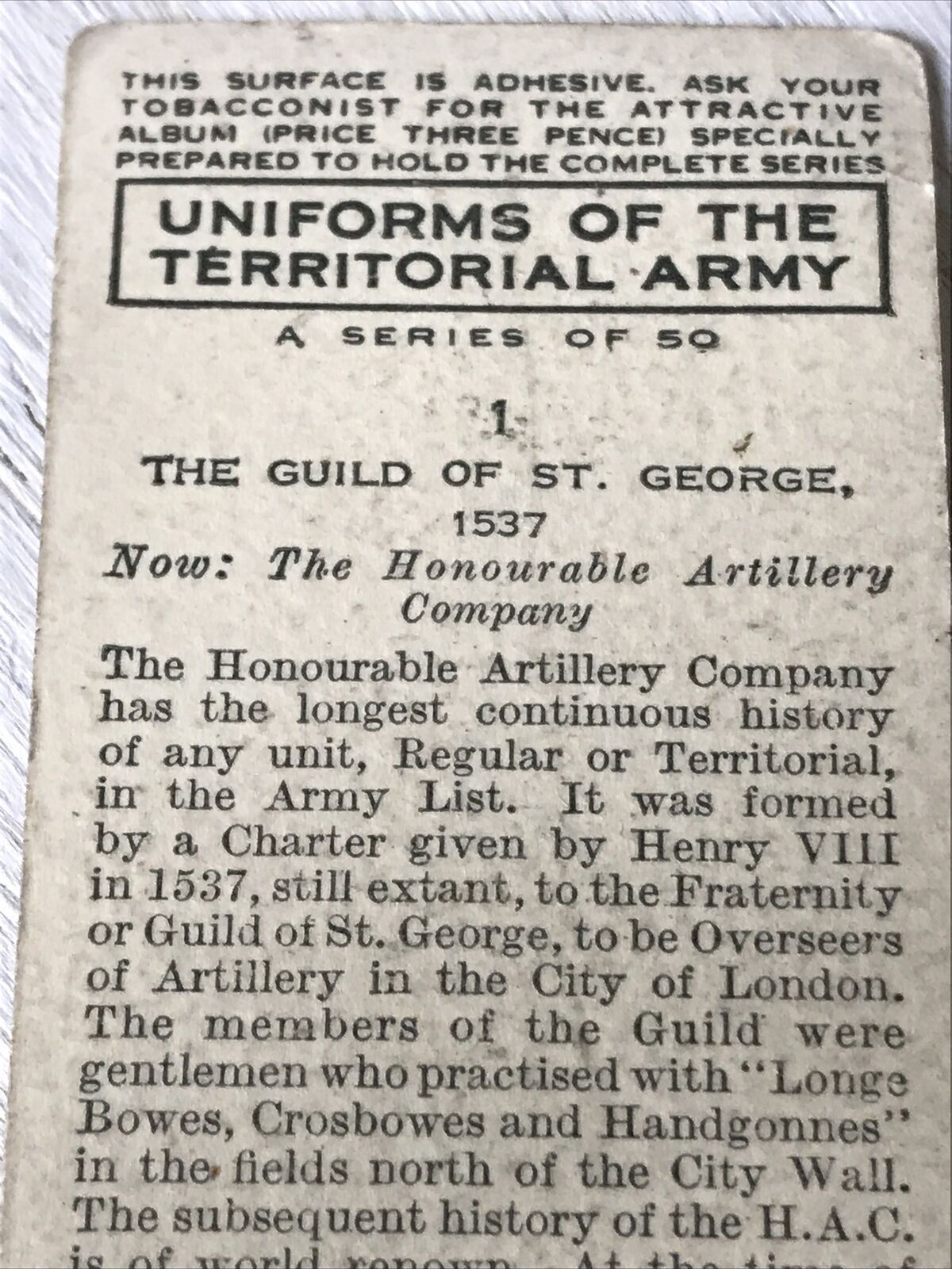 Players Cigarette Card - Uniforms Of The Territorial Army - No. 1 Guild Of St George