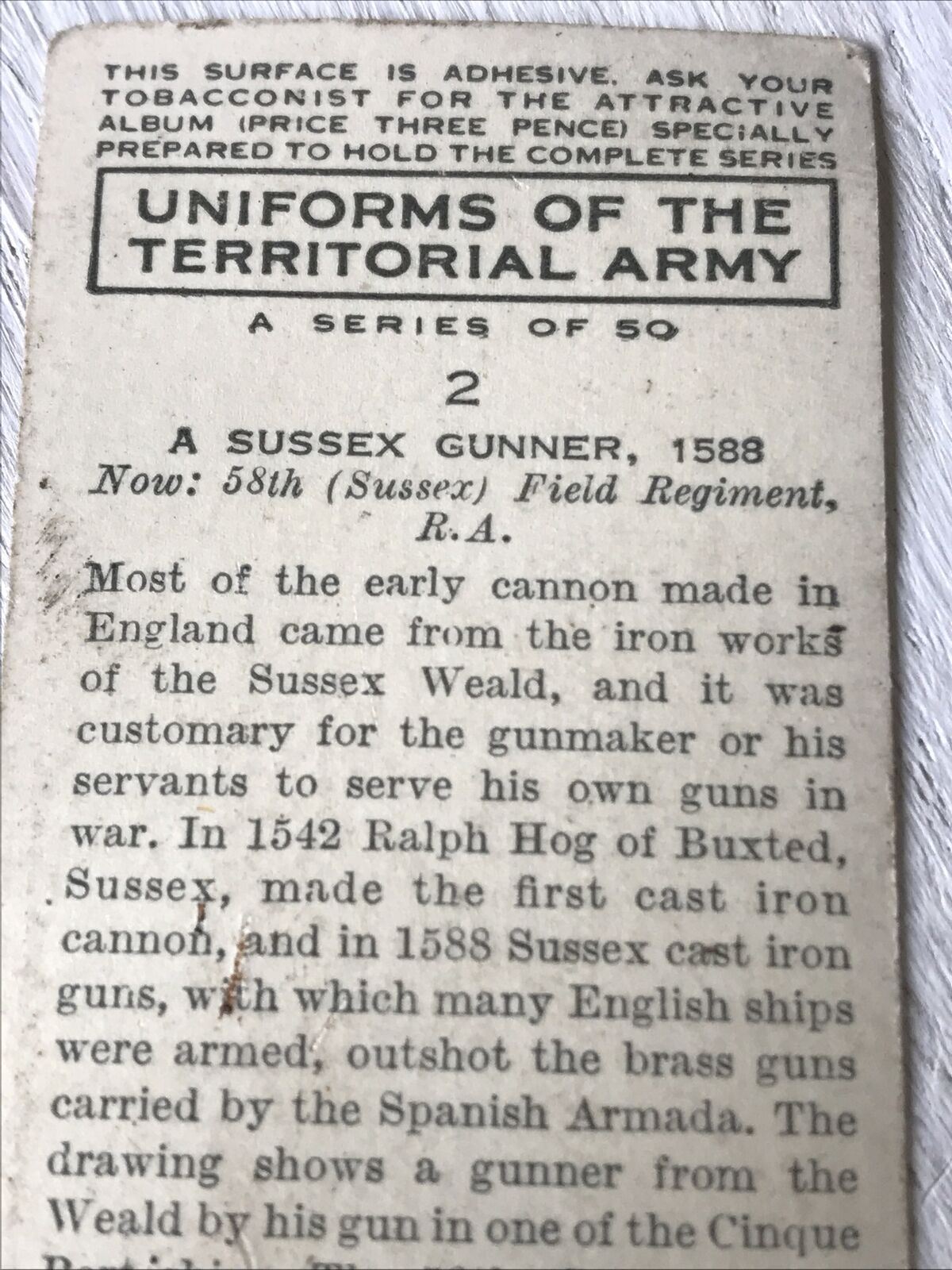 Players Cigarette Card - Uniforms Of The Territorial Army - No. 2 Sussex Gunner 1588