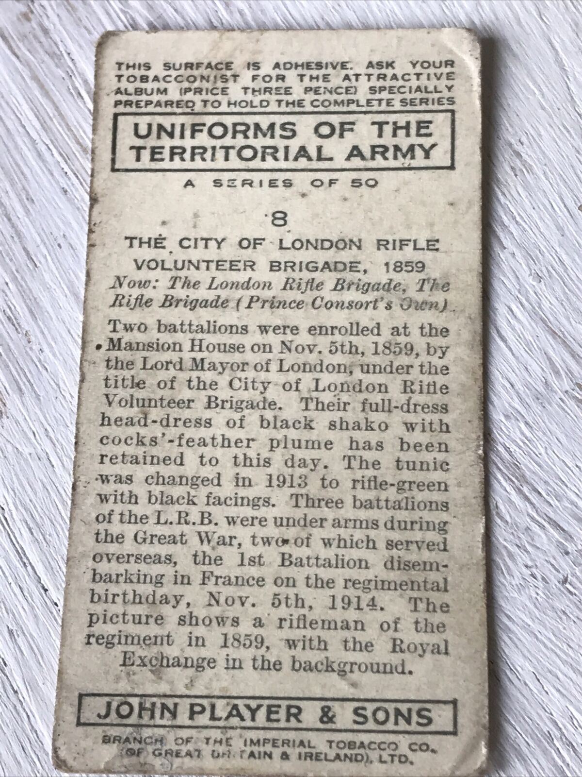 Players Cigarette Card - Uniforms Of The Territorial Army - No. 8 City Of London Rifle Volunteer Brigade