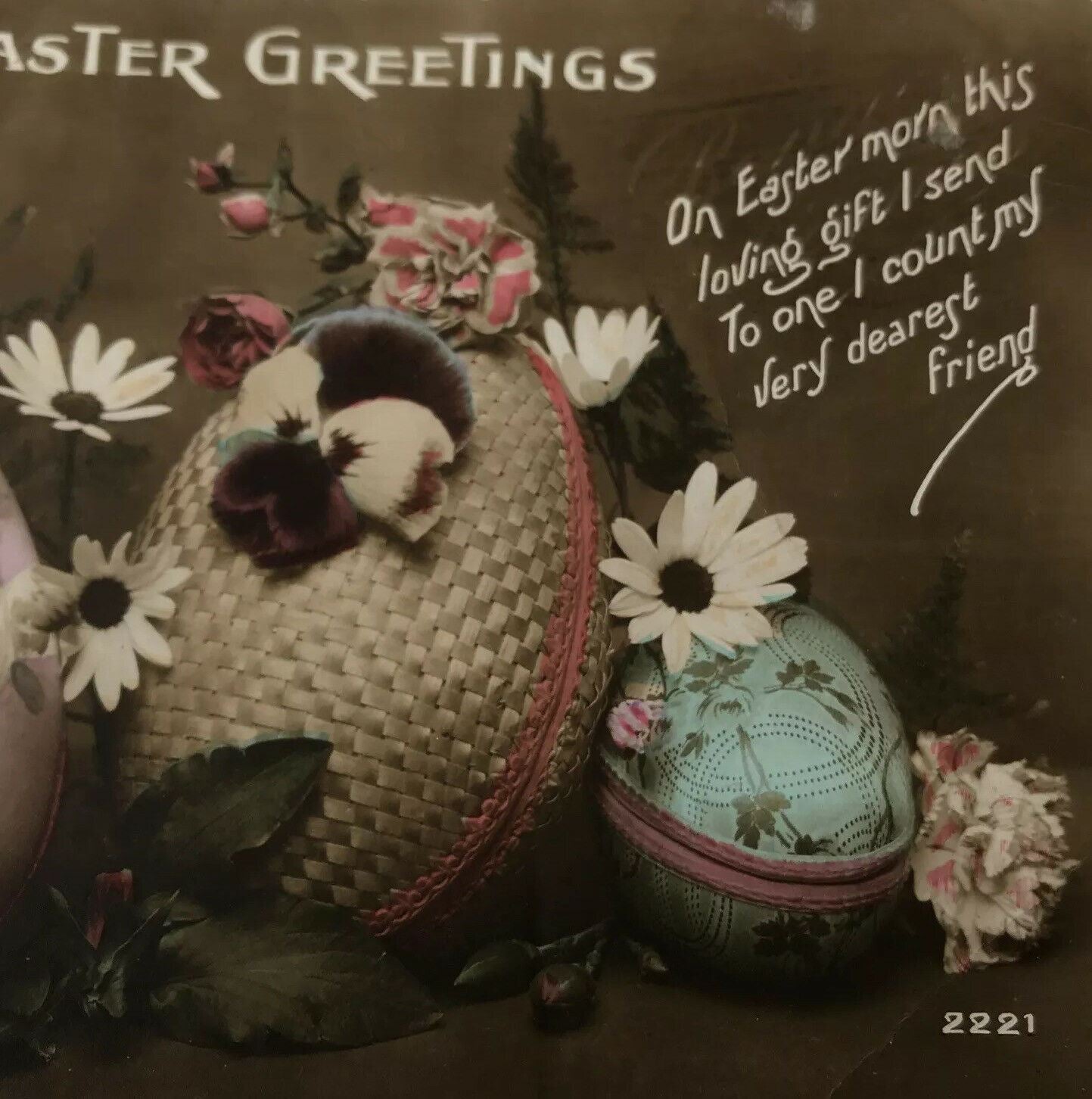 Vintage EASTER postcard REAL PHOTOGRAPH Hand Coloured Eggs & Flowers Friend