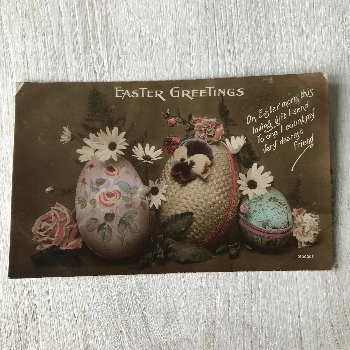 Vintage EASTER postcard REAL PHOTOGRAPH Hand Coloured Eggs & Flowers Friend
