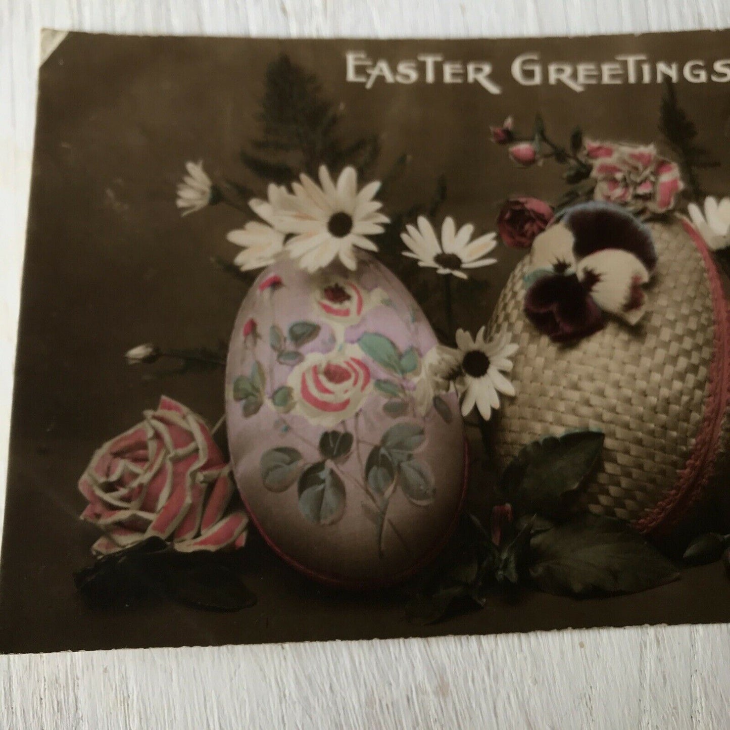 Vintage EASTER postcard REAL PHOTOGRAPH Hand Coloured Eggs & Flowers Friend