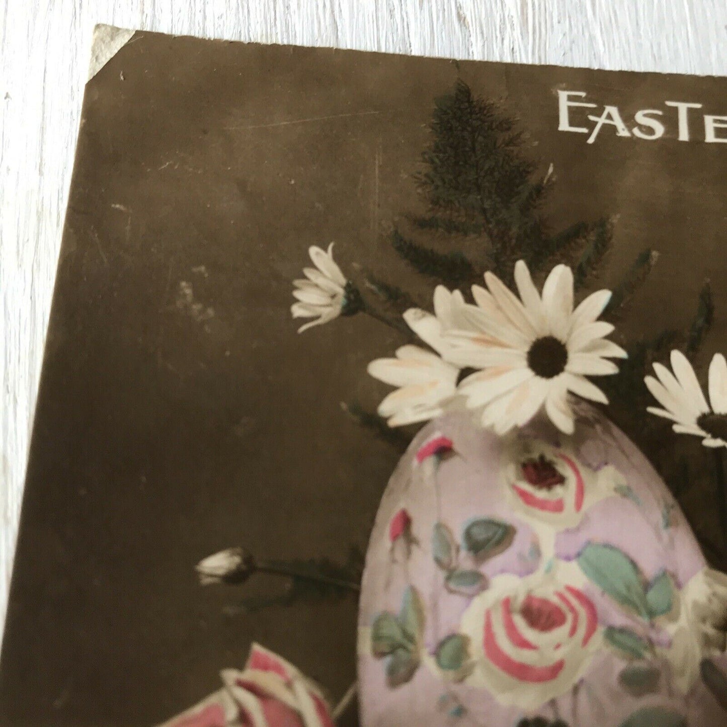 Vintage EASTER postcard REAL PHOTOGRAPH Hand Coloured Eggs & Flowers Friend