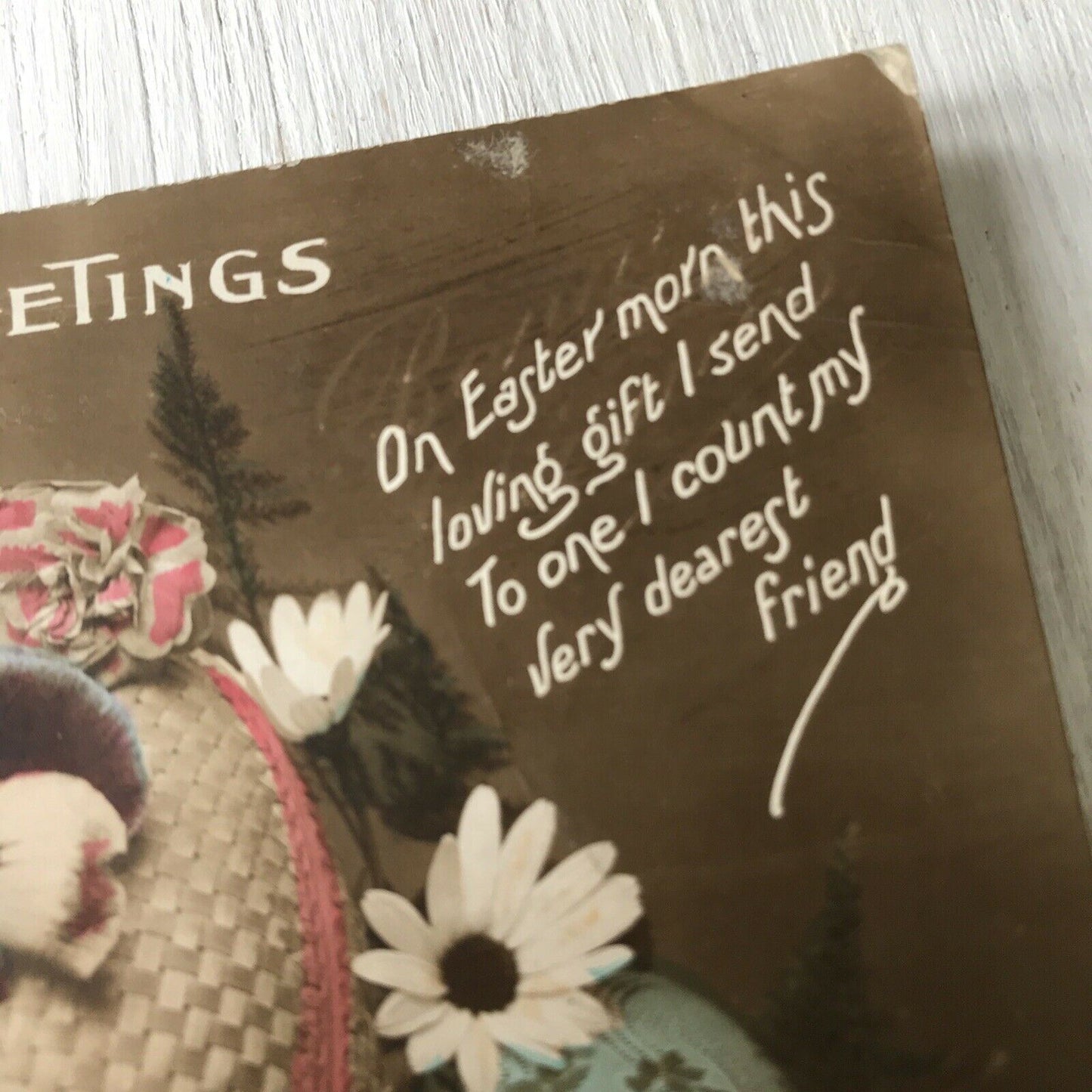 Vintage EASTER postcard REAL PHOTOGRAPH Hand Coloured Eggs & Flowers Friend