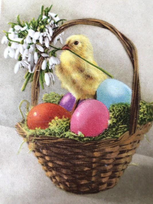 Vintage EASTER postcard Chick Eggs Basket Snowdrops Pretty Colourful Décor