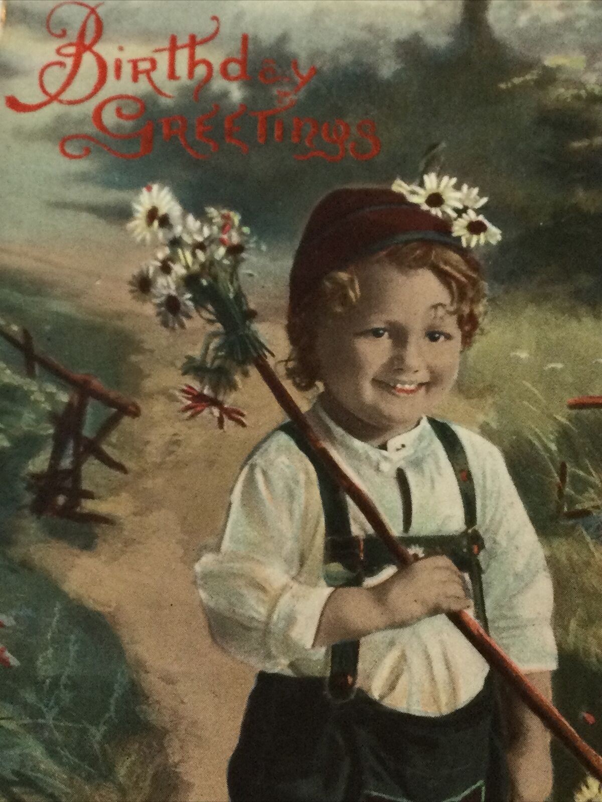 Antique TInted Postcard 1910 Boy In Traditional Austrian / German Dress - Lederhosen - Birthday Greetings
