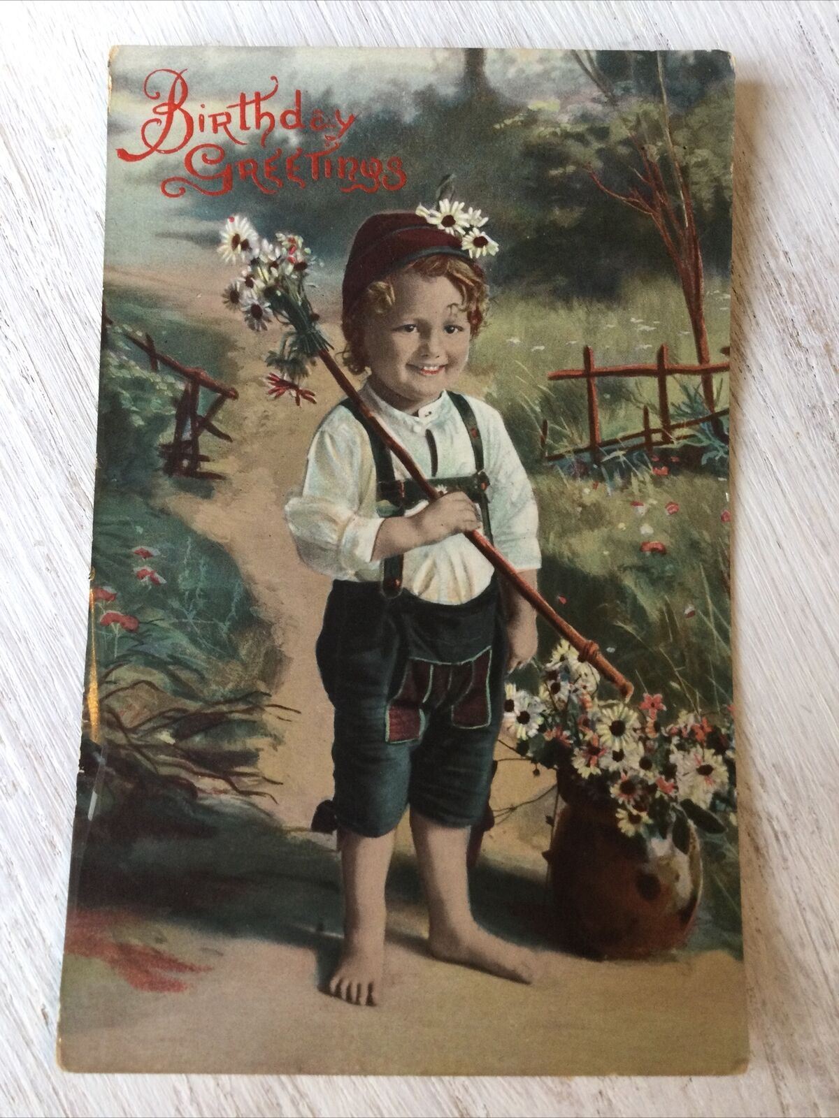 Antique TInted Postcard 1910 Boy In Traditional Austrian / German Dress - Lederhosen - Birthday Greetings