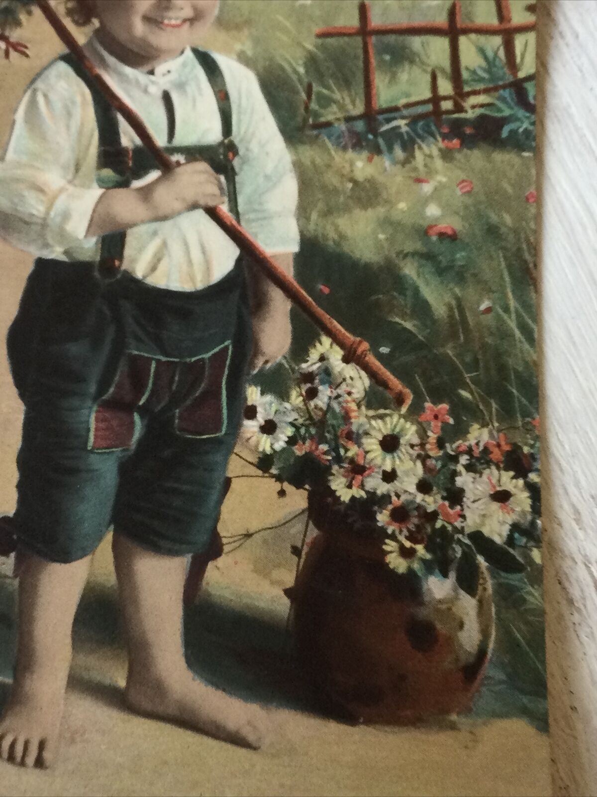 Antique TInted Postcard 1910 Boy In Traditional Austrian / German Dress - Lederhosen - Birthday Greetings