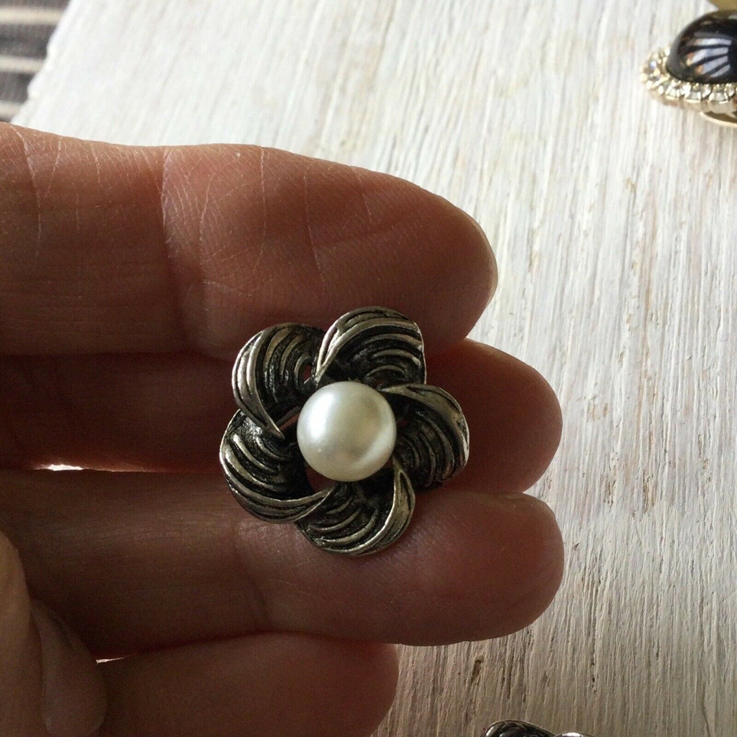 Vintage Clip On Earrings. Large Flower Shape Pewter Colour Simulated Pearl Centre
