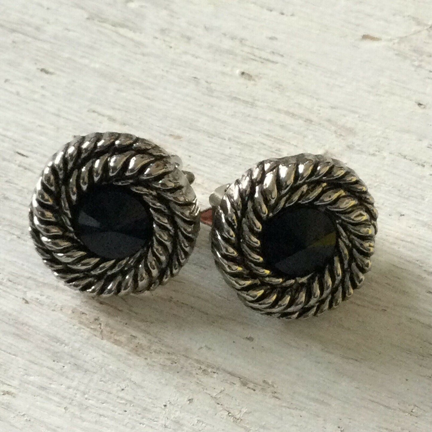 Vintage Clip-On Earrings. Large Stud Silver Tone With Black Centre. Plastic.