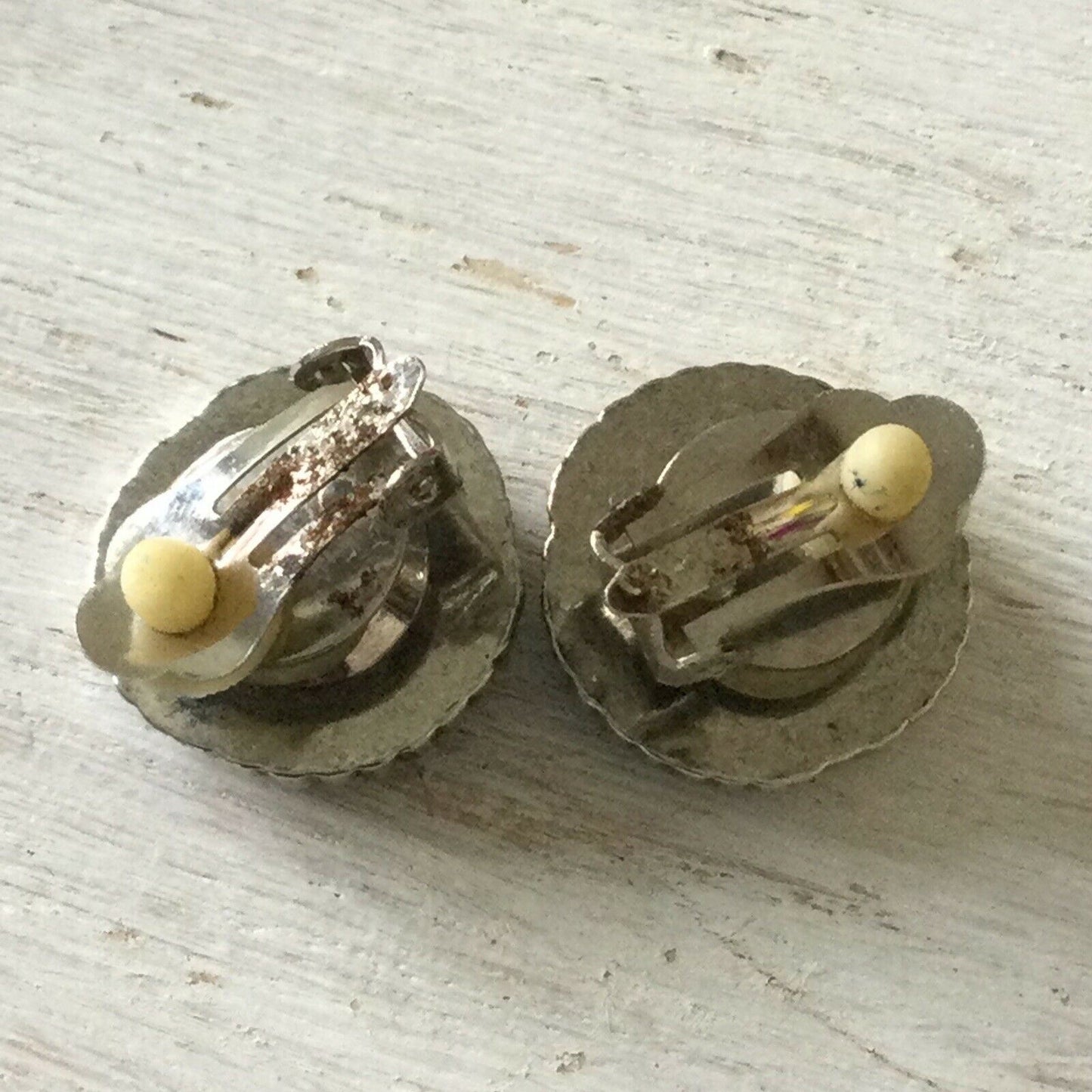 Vintage Clip-On Earrings. Large Stud Silver Tone With Black Centre. Plastic.