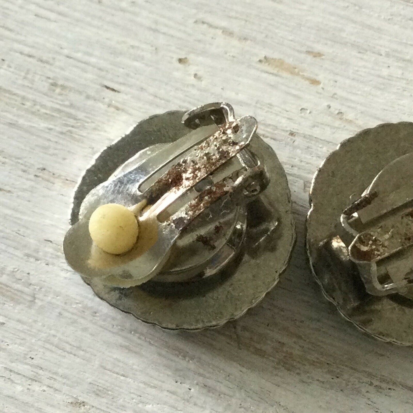 Vintage Clip-On Earrings. Large Stud Silver Tone With Black Centre. Plastic.