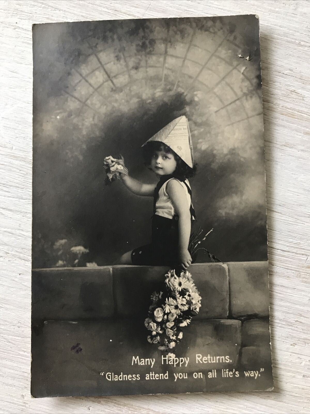 Antique 1910-18 Birthday Greetings Postcard Photo Boy With Flowers Newspaper Hat Cute Kitsch George V green 1/2d stamp