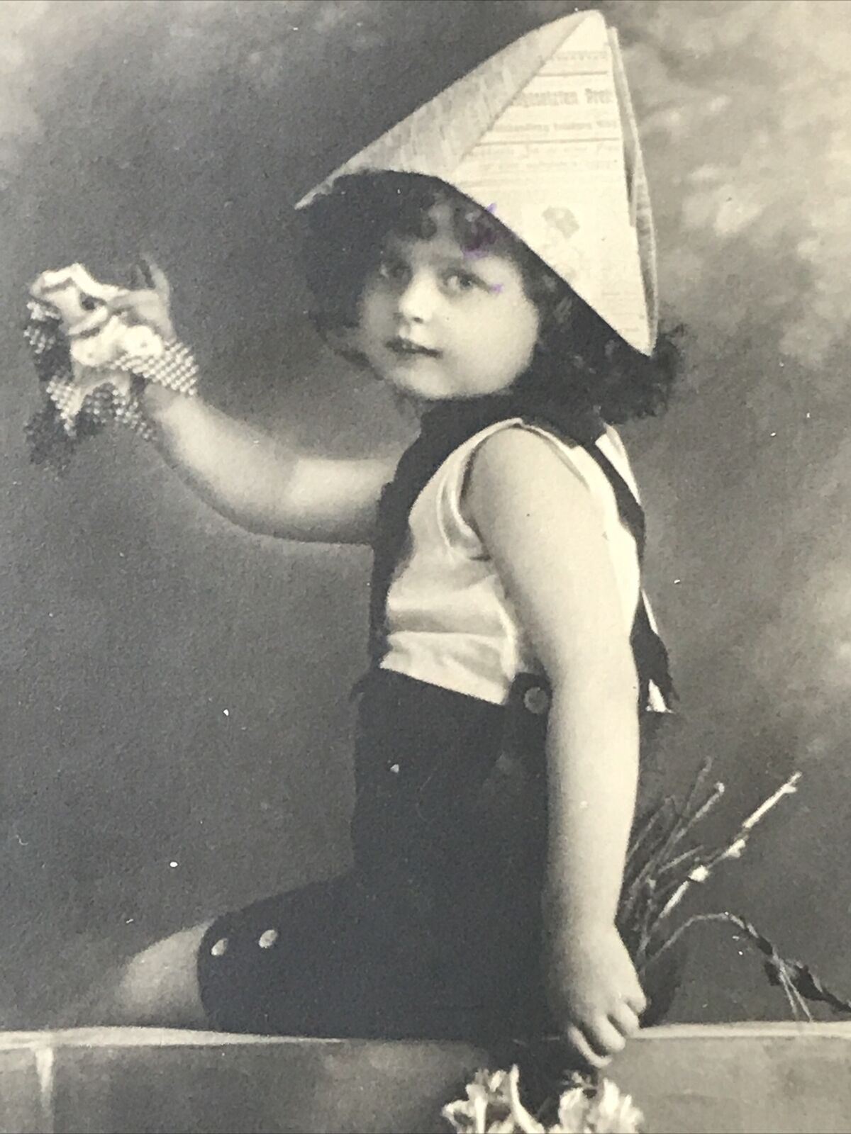 Antique 1910-18 Birthday Greetings Postcard Photo Boy With Flowers Newspaper Hat Cute Kitsch George V green 1/2d stamp