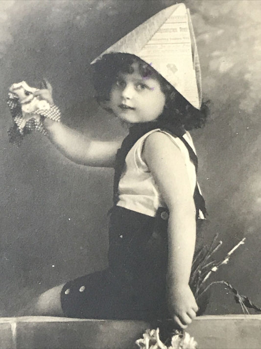 Antique 1910-18 Birthday Greetings Postcard - Photo Boy With Flowers - Newspaper Hat Cute Kitsch George V green 1/2d stamp