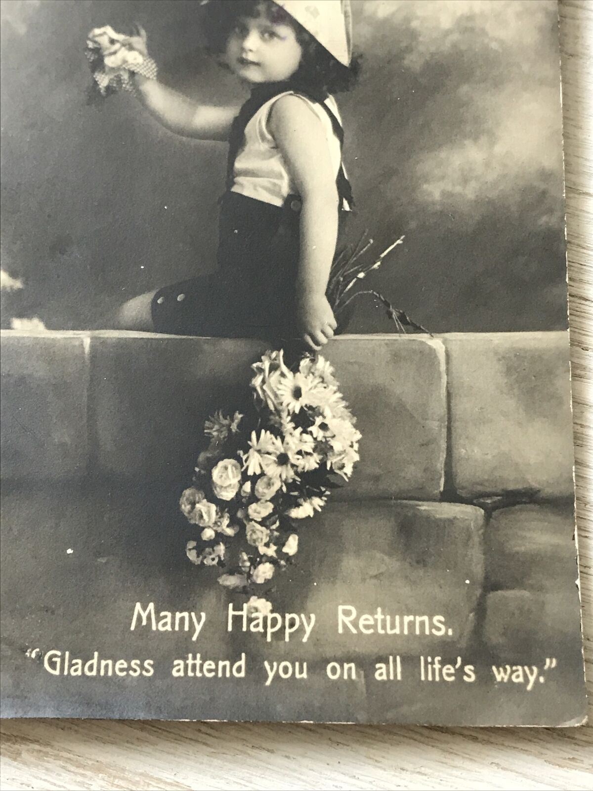 Antique 1910-18 Birthday Greetings Postcard Photo Boy With Flowers Newspaper Hat Cute Kitsch George V green 1/2d stamp
