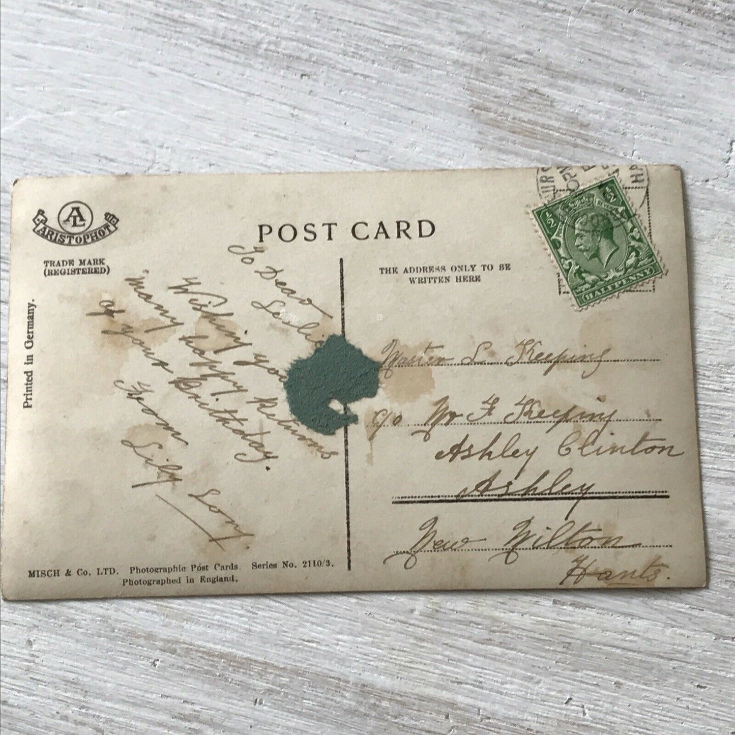 Antique 1910-18 Birthday Greetings Postcard Photo Boy With Flowers Newspaper Hat Cute Kitsch George V green 1/2d stamp