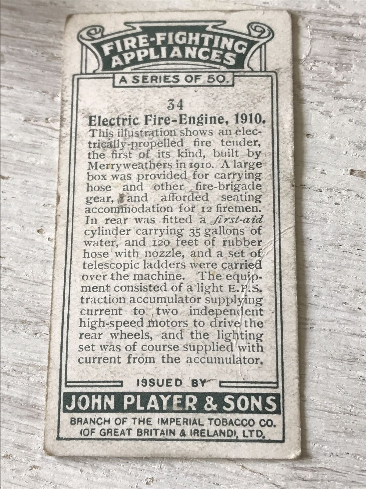 Players Cigarette Card - Fire Fighting Appliances - No 34 Electric Fire Engine 1910