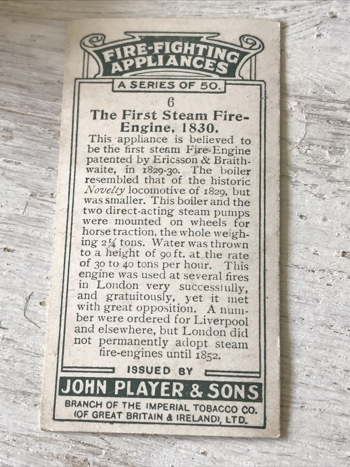 Players Cigarette Card - 1936 - Fire Fighting Appliances - No. 6 - First Steam Fire Engine
