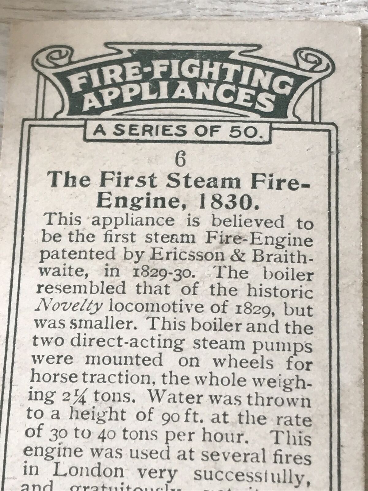 Players Cigarette Card - 1936 - Fire Fighting Appliances - No. 6 - First Steam Fire Engine