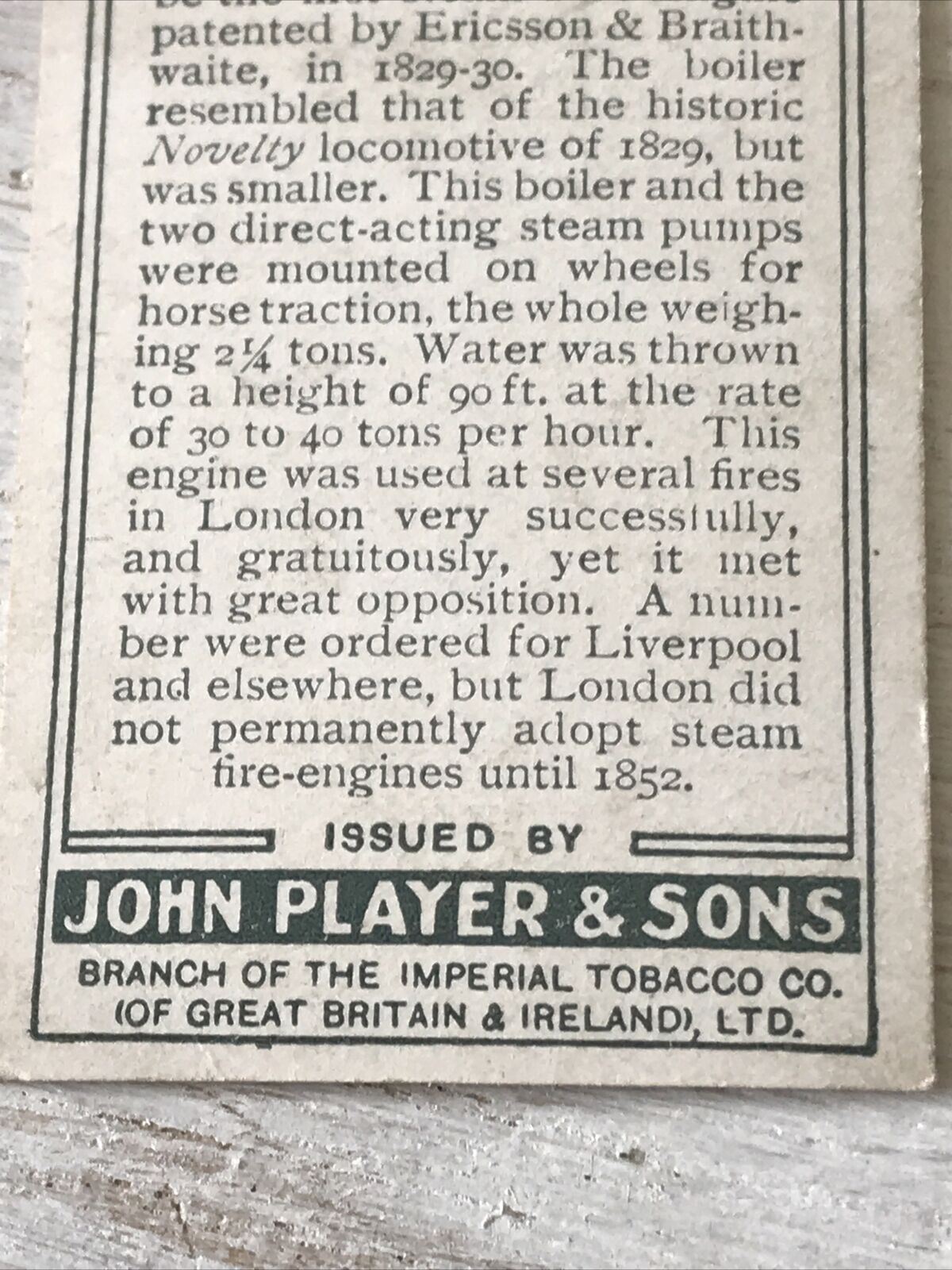 Players Cigarette Card - 1936 - Fire Fighting Appliances - No. 6 - First Steam Fire Engine