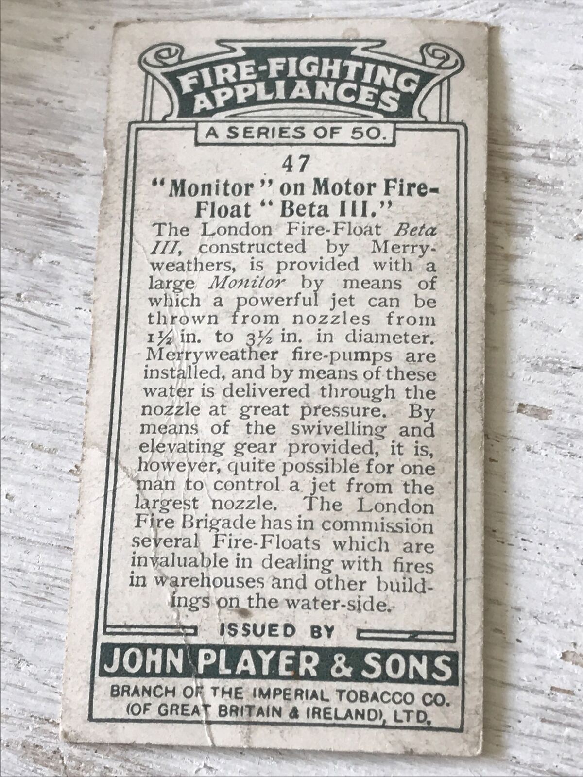 Players Cigarette Card - Fire Fighting Appliances - No 47 Monitor On Motor Firefloat