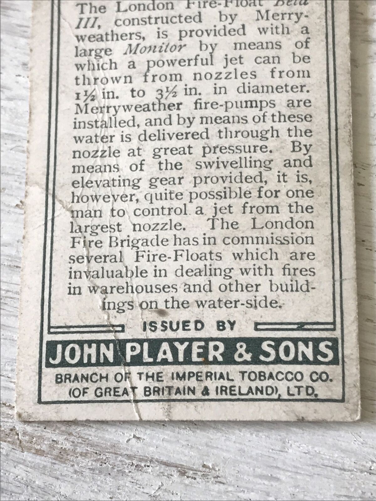 Players Cigarette Card - Fire Fighting Appliances - No 47 Monitor On Motor Firefloat