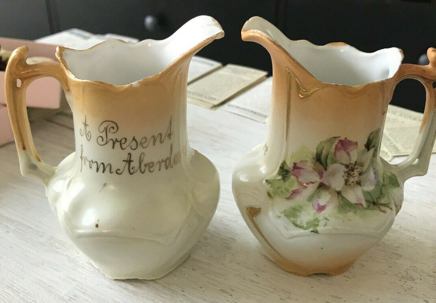 2 x Antique Art Nouveau Welsh Ceramic Mini Jugs. Aberdare Souvenir C19th